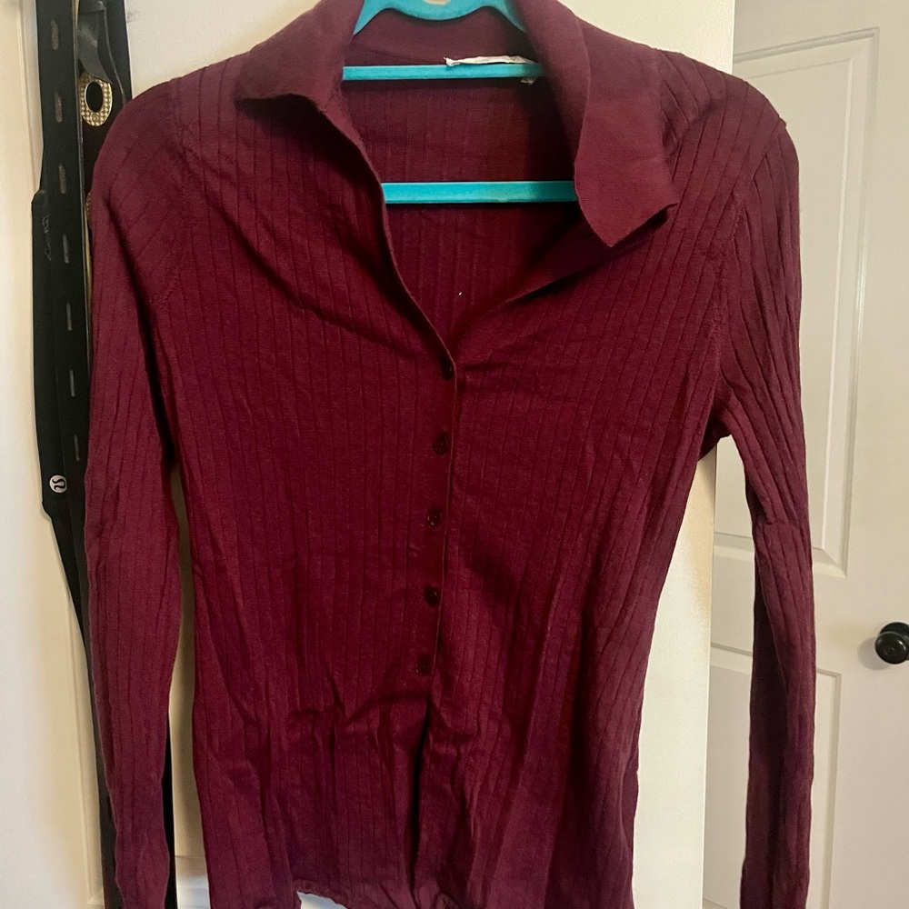Abercrombie & Fitch Deep Wine Ribbed Button-Down Top